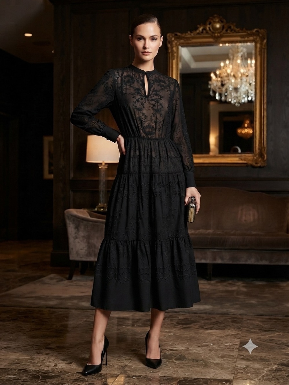 J Crew Black Embroidered Eyelet Midi Dress - Long Sleeve - 185.00